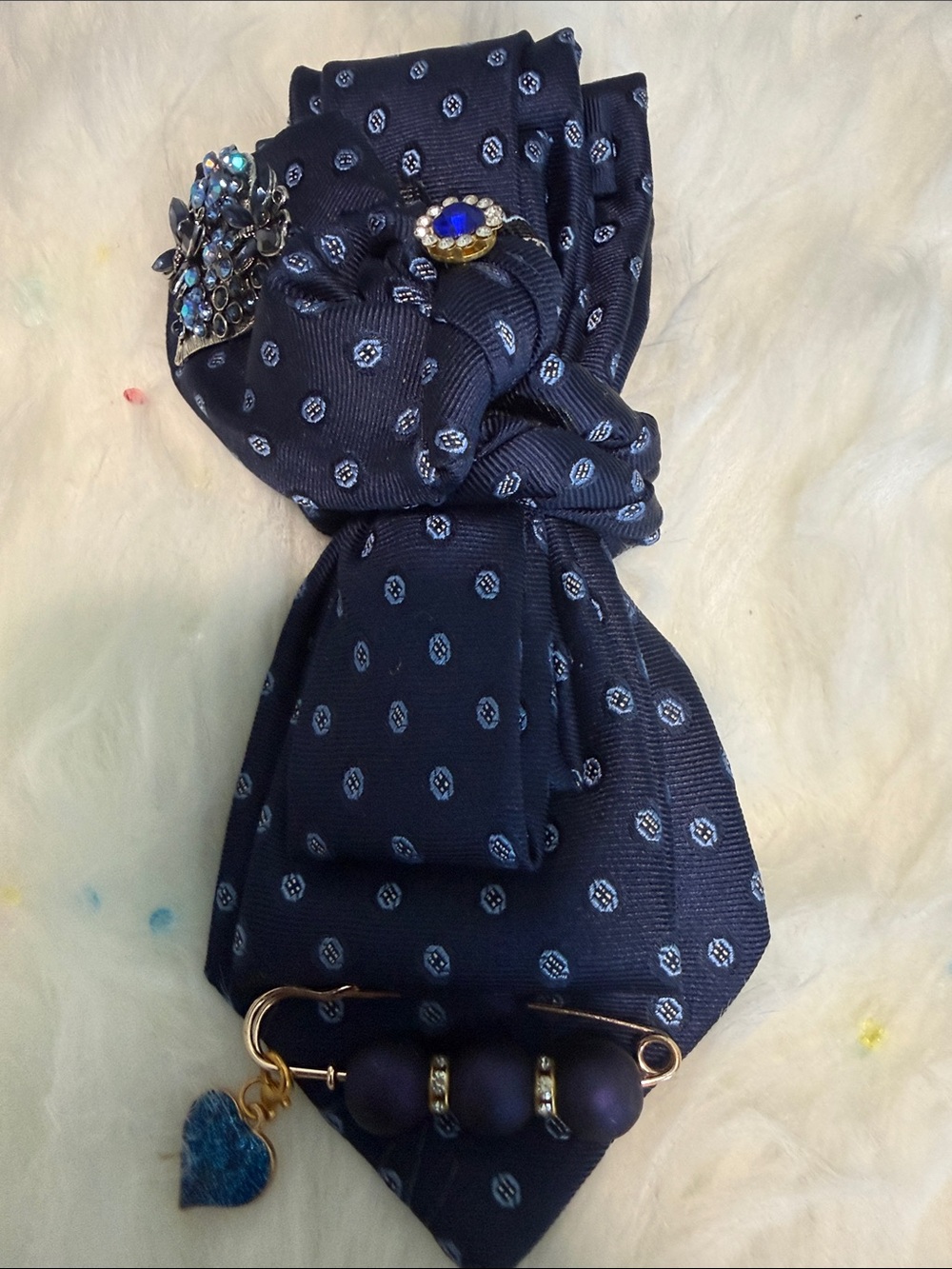 Navy Patterned Silk-Look Bow Tie Accessory with Blue Accents